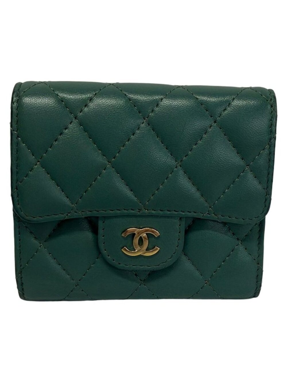 Chanel Trifold Wallet Quilted Blue Green CC Logo Gold Lambskin